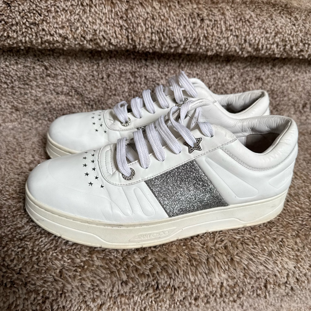 Jimmy Choo Hawaii Glitter Women’s White Calf Leather Sneakers